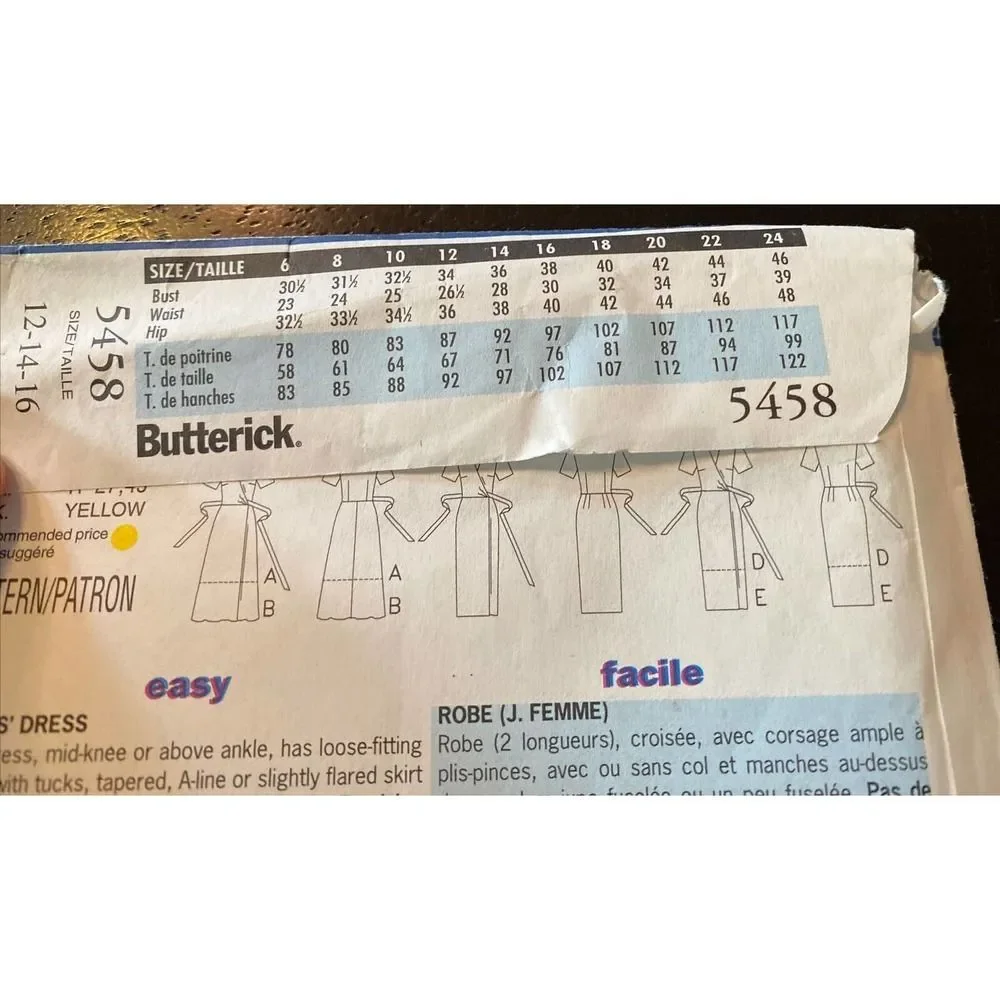UNCUT Butterick Classics 5458‎ Dress Size 12-14-16. New Vintage 90s.
